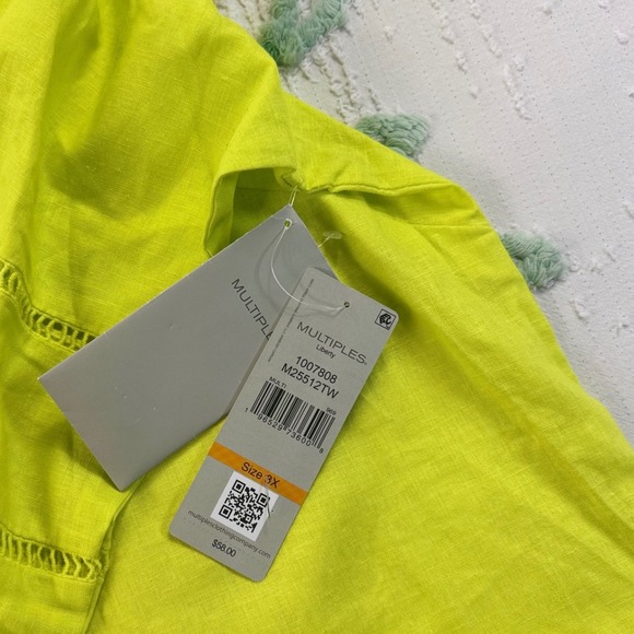 MULTIPLES‎ Womens Neon Yellow Linen Blend Button Front V-Neck Shirt Tunic Top 3X - Picture 7 of 10